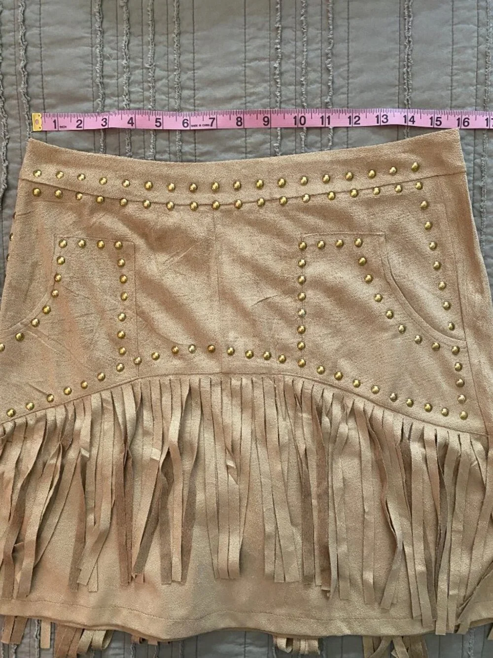Boho Faux Suede Fringe Mini Skirt - Tan Studded Western Festival Cowgirl - XL - Picture 4 of 7
